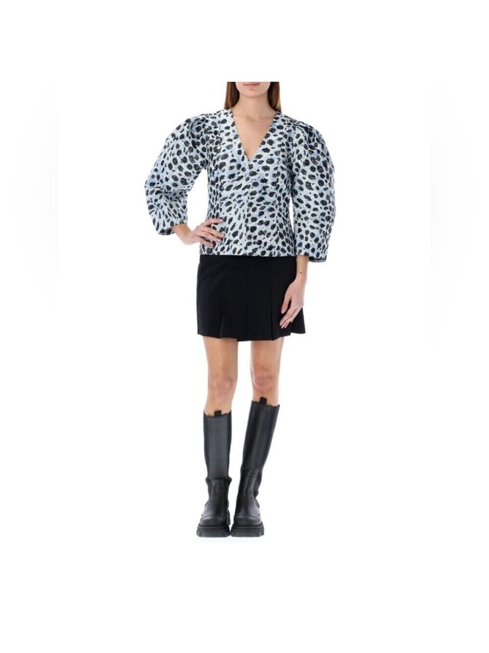 NWT Ganni Crispy Jacquard V-Neck Blouse - Picture 2 of 8